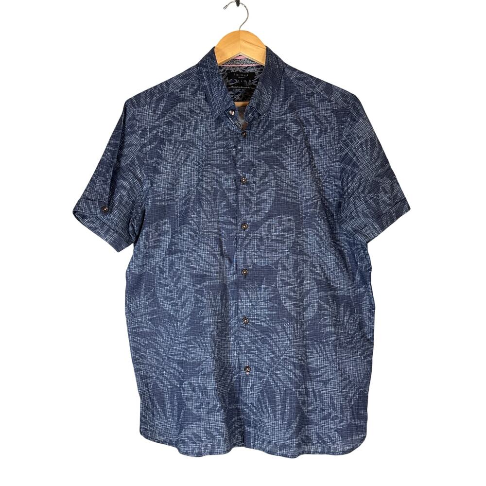 Ted Baker Vacation Button Up Shirt Mens Large 4 Blue Tropical Leaf Short Sleeve